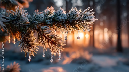Close-up view features frost-covered pine branches with hanging ice droplets under golden hour sunset glow illuminating snowy forest.