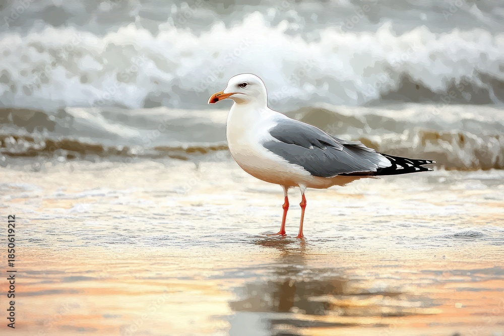 Fototapeta premium lone seagull standing in shallow surf on a golden lit beach with gentle waves, calm and contemplative mood