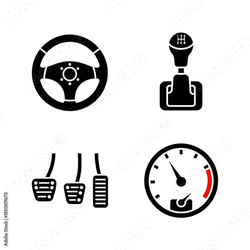 Car Interior Icons Set Steering Wheel Gear Shift Pedals Speedometer.