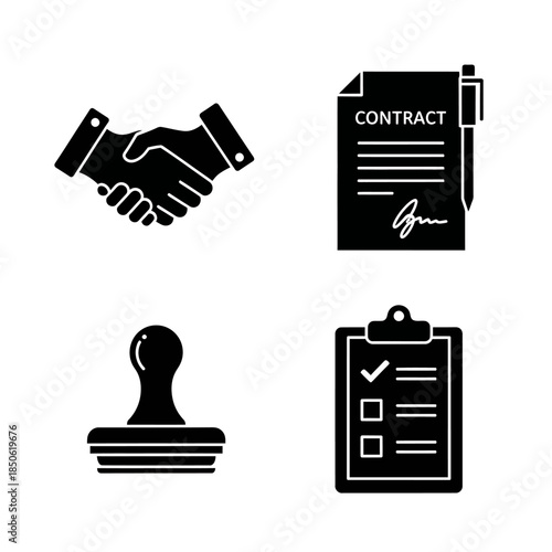 Business Contract Agreement and Approval Icons Set.