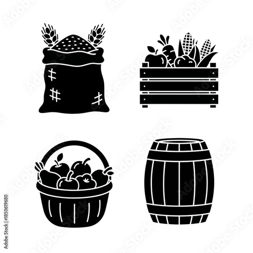 Collection of Farm Produce and Storage Icons.