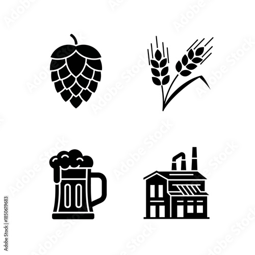 Beer Brewing Ingredients and Industry Icons Set.