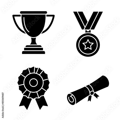 Collection of Award Icons Trophy Medal Rosette and Diploma.