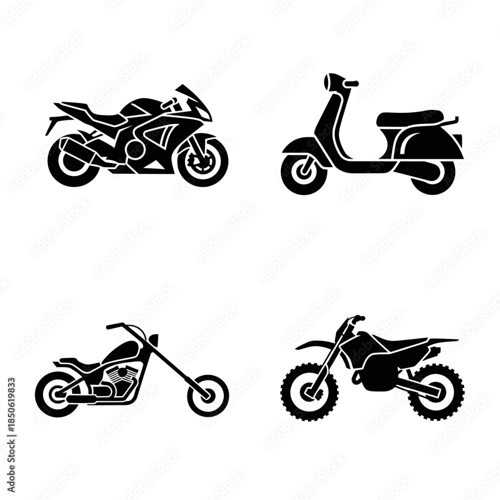 Naklejka premium Collection of Four Distinct Motorcycle and Scooter Silhouettes.