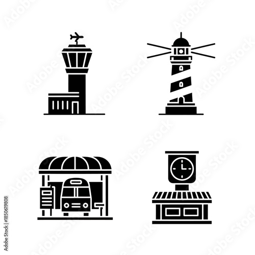 Collection of four distinct building silhouette icons.