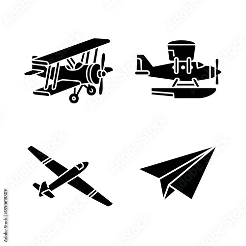 Collection of four distinct airplane icons representing different eras and types of flight.