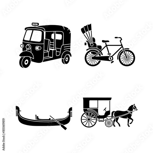 Collection of Four Distinct Modes of Transportation Icons.