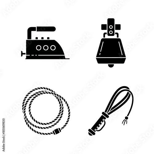 Collection of four distinct objects including an iron bell rope and whip.