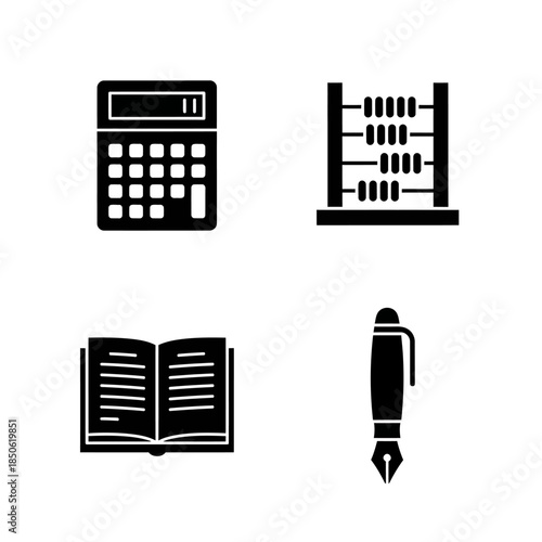 Collection of four educational and business icons including calculator abacus book and pen.