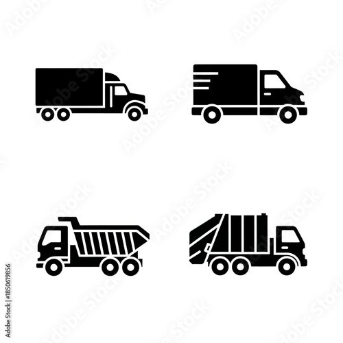 Collection of four distinct truck icons in black and white.