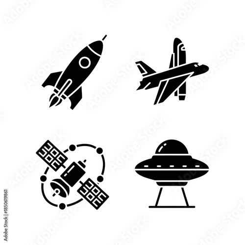 Collection of Four Icons Representing Space and Air Travel.