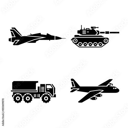 Collection of Military Vehicles and Aircraft Icons.