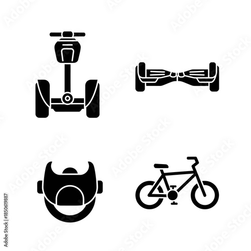 Collection of personal electric transportation devices and safety gear.