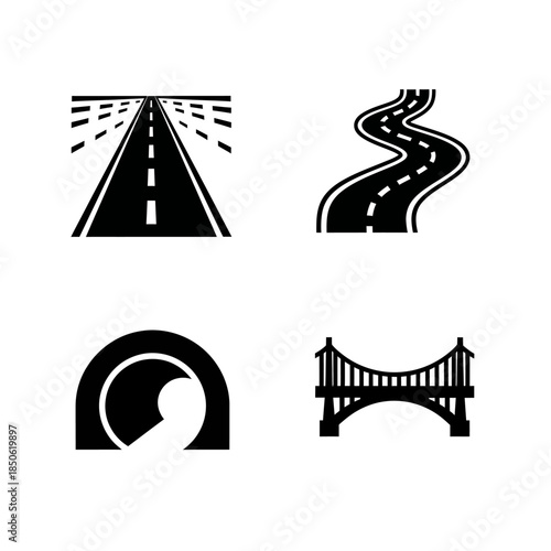 Collection of road infrastructure icons including highway winding road tunnel and bridge.