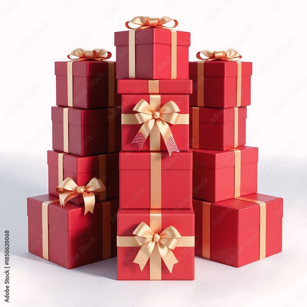 Fototapeta premium Stacked Red Gift Boxes with Gold Ribbons and Bows on White Background