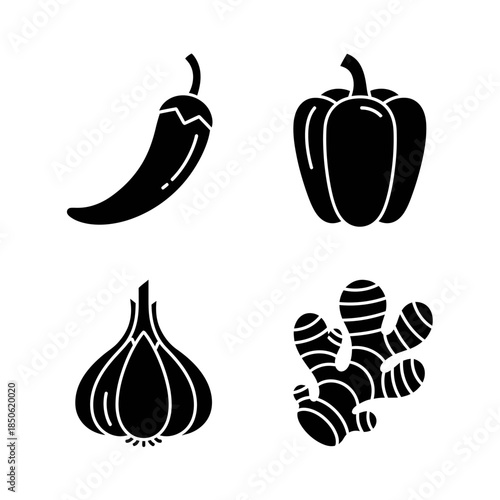 Four Ingredient Icons Chili Pepper Bell Pepper Garlic and Ginger.