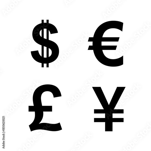 Four major currency symbols displayed in black on a white background.