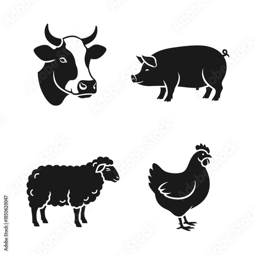 Set of Farm Animal Silhouettes Including Cow Pig Sheep and Chicken.