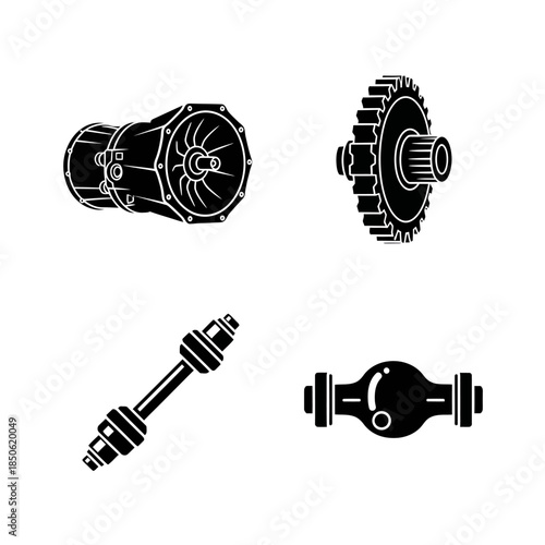 Set of Automotive Drivetrain Components Illustrated in Black and White.