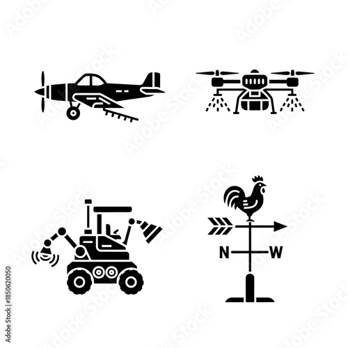 Set of agricultural technology icons including airplane drone and machinery.