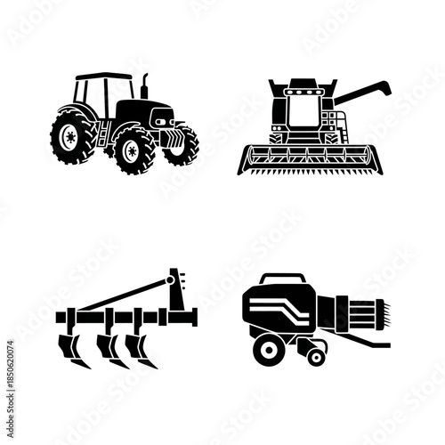 Set of Four Agricultural Farm Equipment Icons.