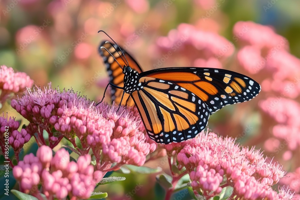 Naklejka premium orange and black butterfly perched on pink clustered flowers with green leaves and soft bokeh background, a serene delicate moment