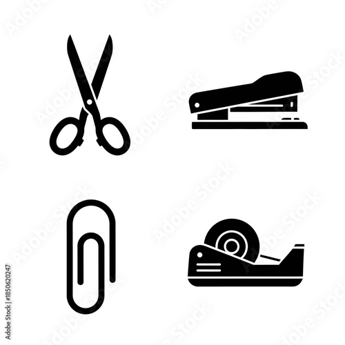 Set of Four Black Office Supply Icons.
