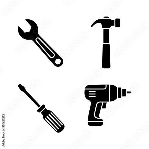 Set of Four Black Silhouette Tools on White Background.