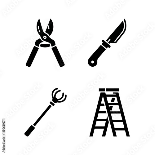 Set of four black silhouette icons representing gardening and DIY tools.
