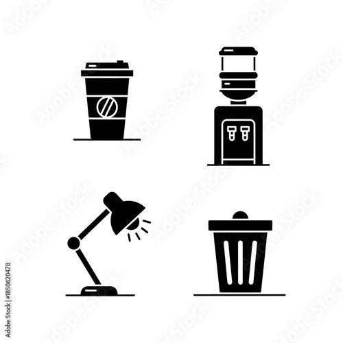 Set of four office icons including coffee cup desk lamp water cooler and trash can.