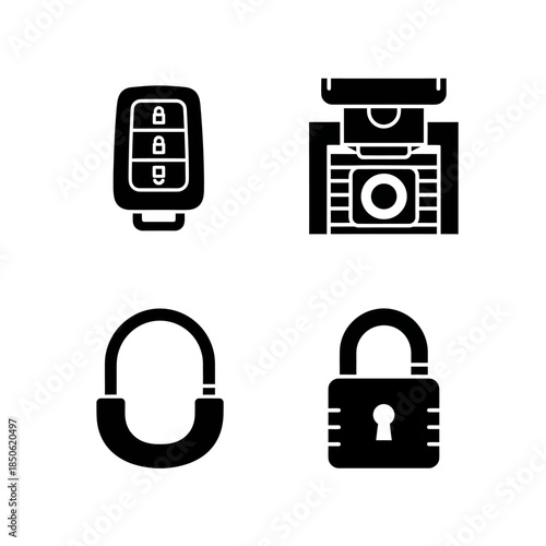 Set of four security and access icons including car key fob and locks.