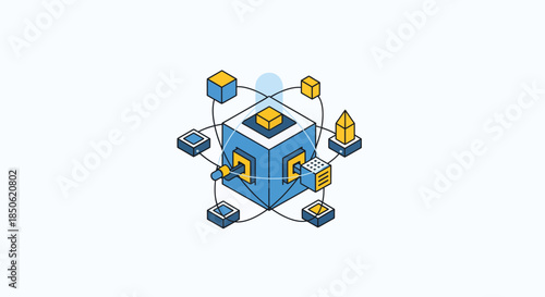 Modern tech cube connecting data points for innovative solutions and business growth in the digital age, perfect for illustrating data analytics and networking