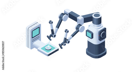 Modern robotic arms precisely analyzing sample in laboratory setting, perfect for illustrating automation, precision, and technological advancement trends