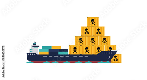 hazardous cargo container ship carrying toxic chemical waste at sea flat vector illustration for global shipping risk and safety concepts