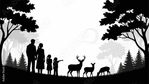 Family observing deer in a forest silhouette scene.