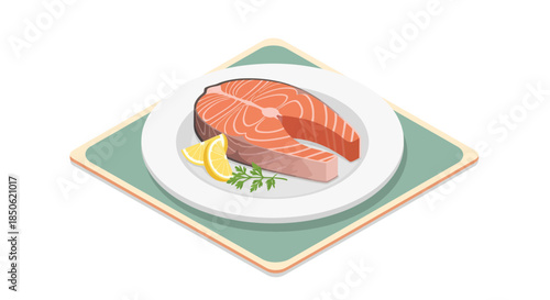 Fresh salmon steak with lemon and parsley on a plate, perfect for healthy eating promotions and culinary designs, showcasing delicious fish cuisine