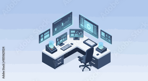 Modern cryptocurrency trading desk setup for financial analysis and investment with multiple screens displaying market data and blockchain information