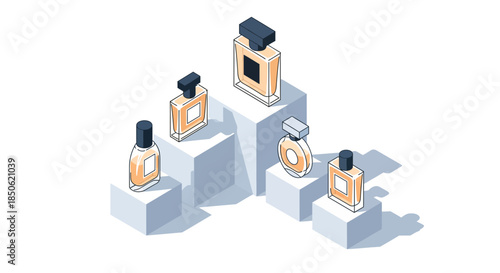 Elegant perfume bottles displayed on minimalist platforms for luxury beauty brands, cosmetic marketing, and sophisticated fragrance campaigns with clean aesthetic