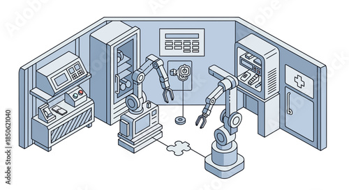 Modern automated hospital pharmacy with robotic arms preparing medicine, futuristic healthcare concept, advanced technology innovation for medical solutions