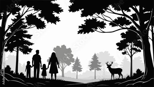 Family and Deer Silhouette in a Forest Landscape.
