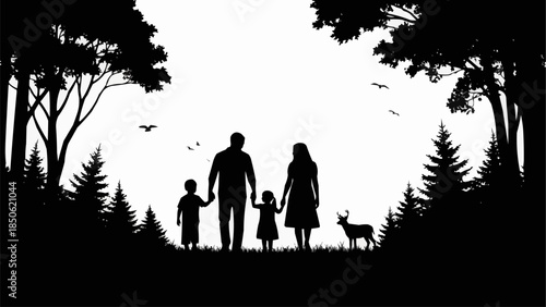 Family Silhouette Walking Together in Nature.
