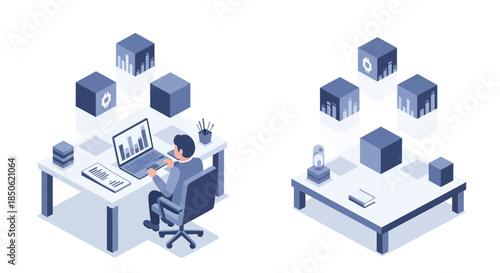 Isometric business workspace with data analysis, showcasing modern office setting for finance professionals and technology solutions with clean white space