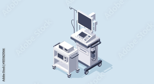Sophisticated medical equipment on wheels in a modern hospital setting shows technological advancement for a modern healthcare system and medical facility