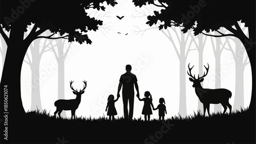 Father and two daughters holding hands in a forest with deer.