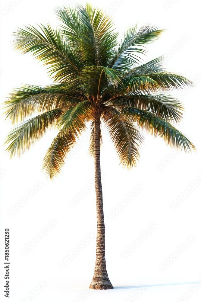 Fototapeta premium Solitary sunlit palm tree with tall textured trunk and lush green fronds casting a soft shadow on white background, evoking a tranquil tropical breeze