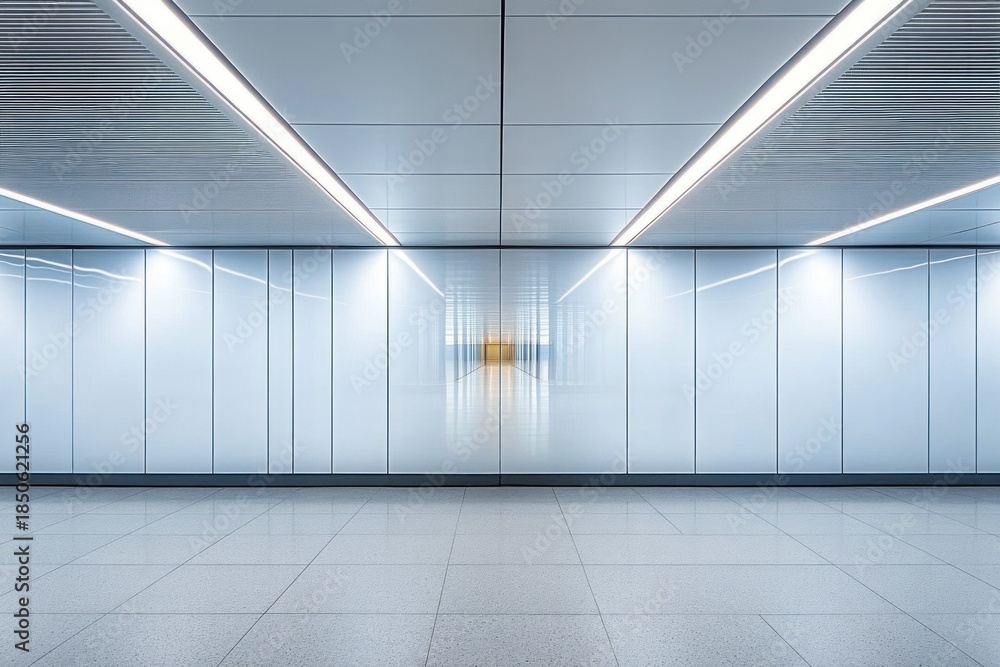 Fototapeta premium empty modern minimalist corridor with glossy white panels, linear ceiling lights and reflective tiled floor leading to a distant warm glow, calm futuristic symmetrical space