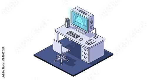 Modern isometric workspace with AI computer on desk for futuristic tech projects, digital innovation, and technology backgrounds. Perfect for startups