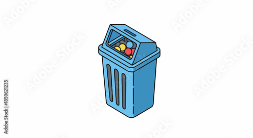 Colorful balls in a blue trash can are ready for disposal, representing the need for waste management and environmental responsibility today