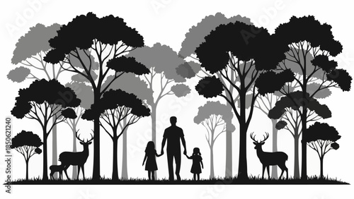 Father and two children walking in a forest with deer.