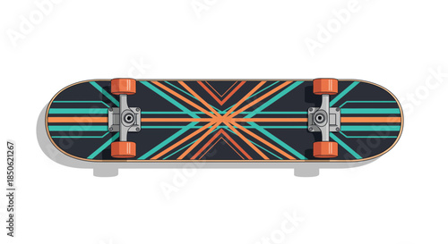 Cool skateboard with a teal and orange geometric pattern for skateboarding enthusiasts, perfect for summer fun, street style, and active lifestyle designs
